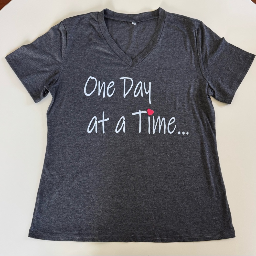 SHEIN Gray V-Neck Tee - One Day at a Time